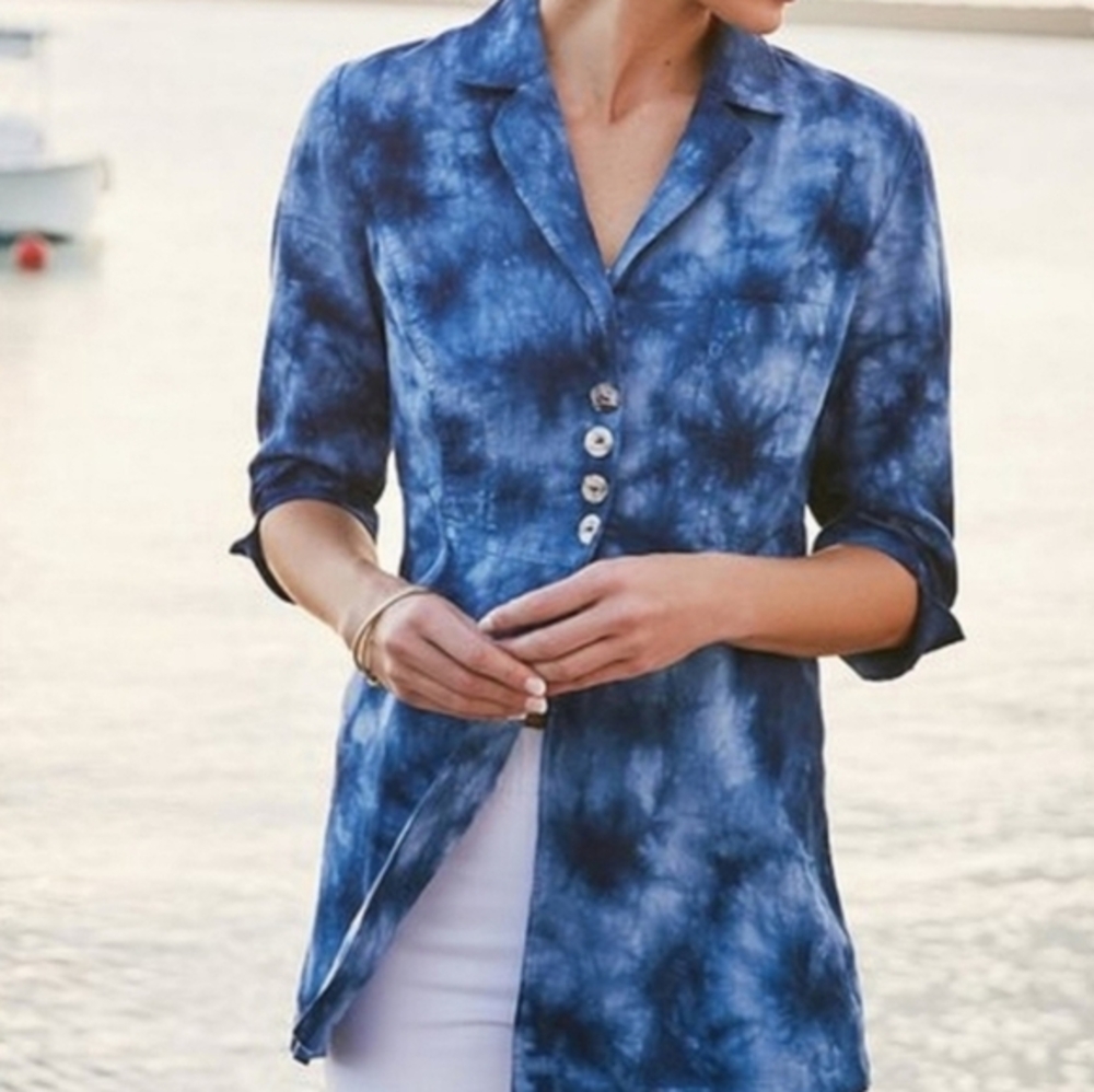 Soft Surroundings Eza 100% Linen Blue Tie Dye Tunic Length Blazer Jacket Size XL